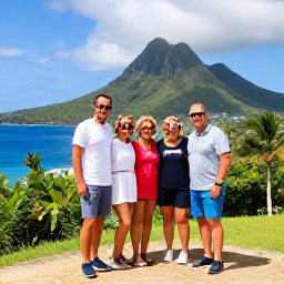 Caribbean Holidays, Dominican Tours, Happy travellers enjoying a guided Dominican Republic excursion with mountains, sea and tropical scenery in the background