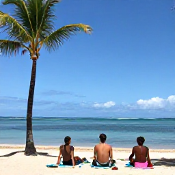 Caribbean Holidays, Dominican Tours, Happy travellers relaxing on a Dominican Republic beach after a guided excursion, with palm trees and calm blue water