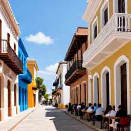 Caribbean Holidays, Dominican Tours March, Colourful colonial street in Santo Domingo with historic Spanish buildings, balconies and people enjoying a local cafe