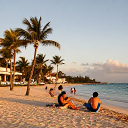 Caribbean Holidays, Dominican Tours March, Relaxed March evening at a Dominican Republic beach resort, with golden light, palm trees and guests enjoying the shoreline