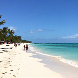 Caribbean Holidays, Dominican Tours March, Sunny Dominican Republic coastline in March, with turquoise sea, white sand and travellers exploring a relaxed Caribbean beach
