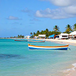 Caribbean Holidays, Dominican Tours March, Traditional Dominican fishing village and coastal landscape with colourful boats, palms and clear Caribbean water