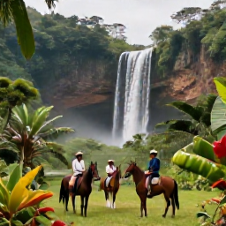 Caribbean Holidays, Dominican Tours March, Travellers riding horses through lush Dominican countryside near a waterfall, with tropical plants and mountain scenery