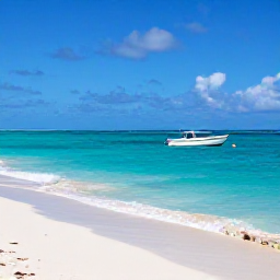 Caribbean Holidays, Dominican Tours, Turquoise Caribbean sea, white sandy beach and a small boat near the coast of the Dominican Republic