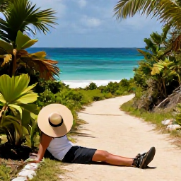 Caribbean Holidays, Dominican Walking, A comfortable traveller resting beside a scenic beach trail in the Dominican Republic with water, hat and walking shoes