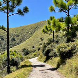 Caribbean Holidays, Dominican Walking, A quiet mountain walking path near Jarabacoa, surrounded by pine trees and green hills under a clear blue sky