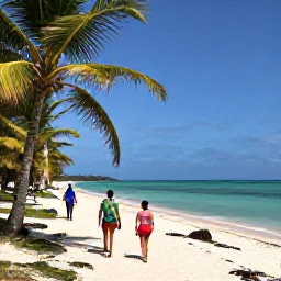 Caribbean Holidays, Dominican Walking, A sunny coastal walking trail in the Dominican Republic with palm trees, turquoise sea and travellers exploring in March