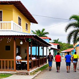 Caribbean Holidays, Dominican Walking, Friendly Dominican village scene with walkers enjoying a local caf&eacute;, colourful buildings and festive December decorations
