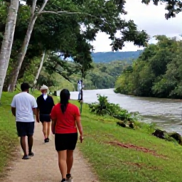 Caribbean Holidays, Dominican Walking, Friendly walkers enjoying a shaded trail beside a river in the Dominican Republic, with a local guide and tropical vegetation