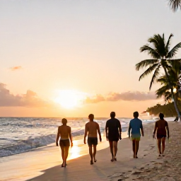 Caribbean Holidays, Dominican Walking, Happy walkers relaxing beside a Caribbean beach at sunset after a day exploring the Dominican Republic