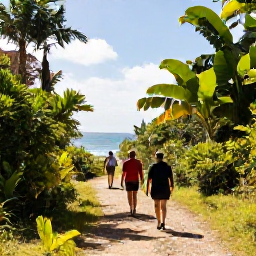 Caribbean Holidays, Dominican Walking, Hikers following a scenic coastal trail through lush Dominican Republic countryside in warm February sunshine