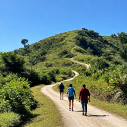 Caribbean Holidays, Dominican Walking, Hikers following a scenic trail through tropical hills in the Dominican Republic under warm December sunshine