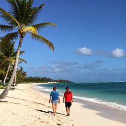 Caribbean Holidays, Dominican Walking, Hikers walking along a bright Caribbean beach near Las Terrenas in the Dominican Republic in January, with palm trees and calm turquoise water