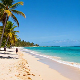 Caribbean Holidays, Dominican Walking Holidays, A coastal walking route in the Dominican Republic with turquoise water, golden sand, coconut palms and walkers exploring the shoreline