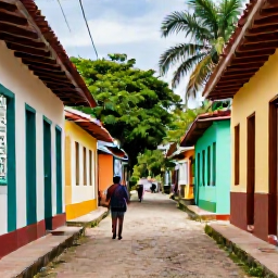 Caribbean Holidays, Dominican Walking Holidays, A Dominican village street near a walking trail, with colourful houses, local people and tropical vegetation