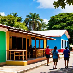 Caribbean Holidays, Dominican Walking Holidays, A friendly Dominican village scene with walkers stopping at a small caf&eacute;, colourful buildings and local life in the background