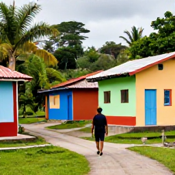 Caribbean Holidays, Dominican Walking Holidays, A friendly local guide leading walkers through a Dominican Republic village and tropical countryside, with colourful houses and welcoming residents