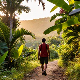 Caribbean Holidays, Dominican Walking Holidays, A friendly traveller walking along a lush mountain trail in the Dominican Republic, with tropical foliage, distant hills and warm Caribbean sunlight