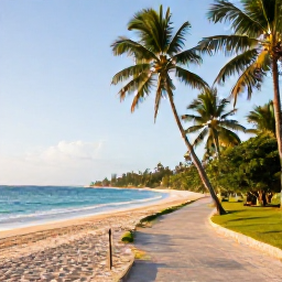 Caribbean Holidays, Dominican Walking Holidays, A golden beach and palm-lined coastal walking path in the Dominican Republic on a bright February morning