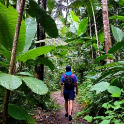 Caribbean Holidays, Dominican Walking Holidays, A guided hike through lush Dominican rainforest with a small waterfall, tropical plants and visitors enjoying the natural surroundings