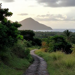 Caribbean Holidays, Dominican Walking Holidays, A scenic walking trail through lush tropical hills in the Dominican Republic during August, with green vegetation, distant mountains and soft coastal light