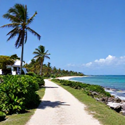 Caribbean Holidays, Dominican Walking Holidays, A sunny coastal walking trail beside turquoise Caribbean water in the Dominican Republic, with palm trees and low green hills