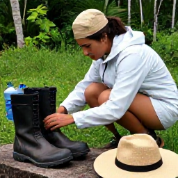 Caribbean Holidays, Dominican Walking Holidays, A traveller preparing for a September walking holiday in the Dominican Republic, with walking boots, water bottle, hat and light waterproof jacket