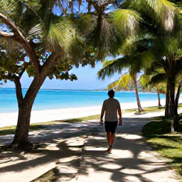 Caribbean Holidays, Dominican Walking Holidays, A walker enjoying a shaded coastal path beside turquoise water and a sandy beach in the Dominican Republic, with tropical trees and relaxed holiday atmosphere