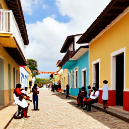 Caribbean Holidays, Dominican Walking Holidays, Colourful Dominican village street with musicians and Carnival decorations in February