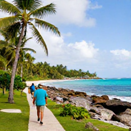 Caribbean Holidays, Dominican Walking Holidays, Hikers following a coastal path near Puerto Plata, Dominican Republic, with turquoise sea, palm trees and dramatic tropical scenery