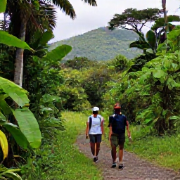 Caribbean Holidays, Dominican Walking Holidays, Hikers walking along a green Dominican Republic mountain trail in November, with tropical forest and distant hills
