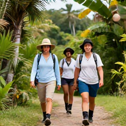 Caribbean Holidays, Dominican Walking Holidays, Practical hiking scene in the Dominican Republic with walkers wearing light clothing, comfortable boots, sun hats and carrying water in a tropical landscape