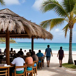 Caribbean Holidays, Dominican Walking Holidays, Travellers relaxing at a shaded seaside caf&eacute; after a walk, with the Caribbean Sea and palm trees in the background