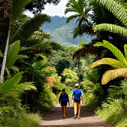Caribbean Holidays, Dominican Walking Holidays, Walkers following a shaded forest path in the Dominican Republic, surrounded by tropical plants, palms and mountain scenery