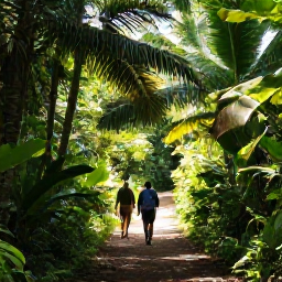 Caribbean Holidays, Dominican Walking Holidays, Walkers following a shaded forest path through lush Dominican countryside, with tropical plants and filtered sunlight