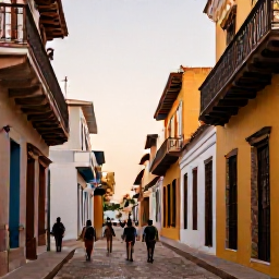 Caribbean Holidays, Dominican Walking, Travellers walking through a historic colonial street in Santo Domingo with colourful buildings and warm evening light