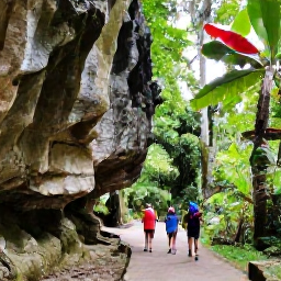 Caribbean Holidays, Dominican Walking, Walkers exploring a lush rainforest path in Los Haitises National Park with limestone cliffs and tropical vegetation
