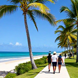 Caribbean Holidays, Dominican Walking, Walkers exploring a palm-fringed coastal path in the Saman&aacute; Peninsula, Dominican Republic, with a tropical beach and turquoise sea