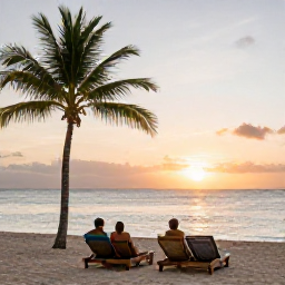 Caribbean Holidays, Dominican Wellness, A couple relaxing on a quiet Dominican Republic beach at sunset, with palm trees, calm water and comfortable loungers