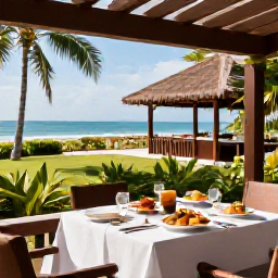 Caribbean Holidays, Dominican Wellness, A peaceful healthy breakfast on a shaded terrace in the Dominican Republic, overlooking tropical gardens and the sea