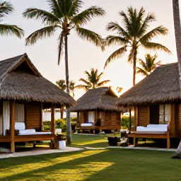 Caribbean Holidays, Dominican Wellness, A peaceful tropical spa setting in the Dominican Republic, with palm trees, natural wood treatment huts and soft morning light