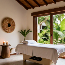 Caribbean Holidays, Dominican Wellness, A serene Dominican Republic wellness treatment room with natural textures, candles, tropical plants and a view of lush greenery