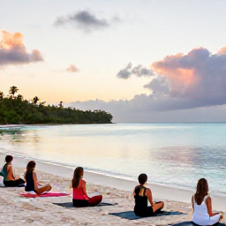 Caribbean Holidays, Dominican Wellness, A tranquil beachfront yoga class in the Dominican Republic at sunrise, with guests on mats facing calm turquoise water