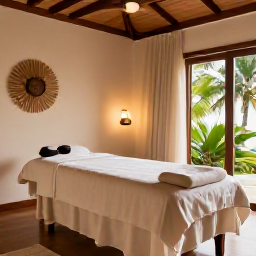 Caribbean Holidays, Dominican Wellness, Calm Dominican Republic spa setting with a massage treatment room, natural materials, soft lighting and tropical greenery