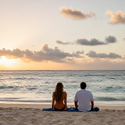 Caribbean Holidays, Dominican Wellness, Couple relaxing on a quiet Dominican Republic beach at sunset, soft warm light, calm sea and peaceful atmosphere