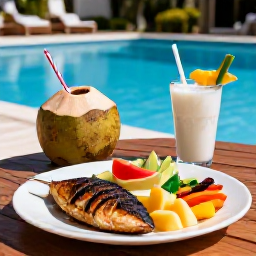 Caribbean Holidays, Dominican Wellness, Fresh healthy Dominican lunch with tropical fruit, grilled fish, colourful vegetables and coconut water beside a resort pool