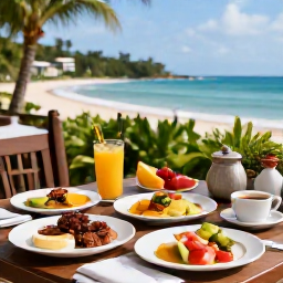 Caribbean Holidays, Dominican Wellness, Healthy breakfast with tropical fruit, fresh juice and locally inspired dishes on a shaded terrace overlooking the Dominican Republic coast