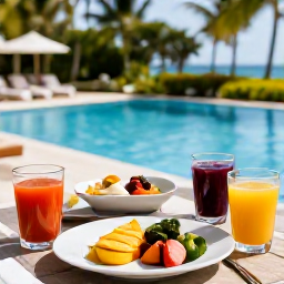 Caribbean Holidays, Dominican Wellness, Healthy Dominican breakfast beside a tropical pool, fresh fruit, colourful juices and light local dishes in a relaxed resort setting