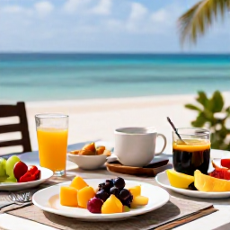 Caribbean Holidays, Dominican Wellness, Healthy Dominican breakfast with tropical fruit, fresh juice and local ingredients on a shaded terrace overlooking the sea