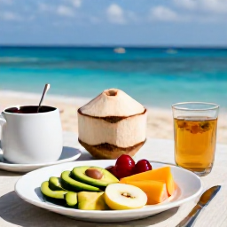 Caribbean Holidays, Dominican Wellness, Healthy Dominican Republic breakfast with fresh tropical fruit, coconut, avocado and herbal tea on a resort terrace overlooking the sea